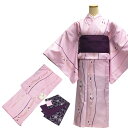 着物 半幅帯 2点 セット No.32 女性 小紋 袷 Lサイズ ピンク 桜柄 黒 紫 七宝つなぎ柄 洗える ポリエステル 合繊 仕立て上がり 訳あり商品 【宅配便】