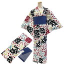 着物 小袋帯 2点 セット No.49 Lサイズ ポリエステル着物 hiromichi nakano 白 水玉 小紋 綿帯 綿半幅帯 青 縞 在庫処分品 【宅配便】