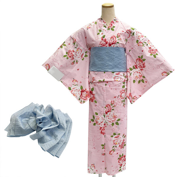 浴衣 兵児帯 セット 女性用 No.69 ピンク バラ 薄青 2点セット 適応身長 170cm前後 レディース 在庫処分品 【宅配便】