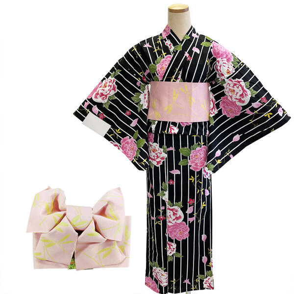 浴衣 作り帯 セット 女性用 No.74 黒 花柄 ピンク 2点セット 適応身長 155cm前後 レディース 在庫処分品 【宅配便】