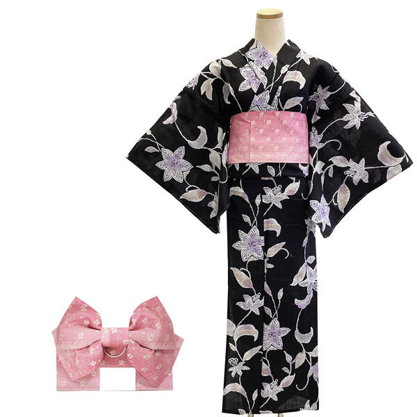 浴衣 作り帯 セット 女性用 No.87 黒 花 ピンクグラデーション 2点セット レディース 在庫処分品 【宅配便】