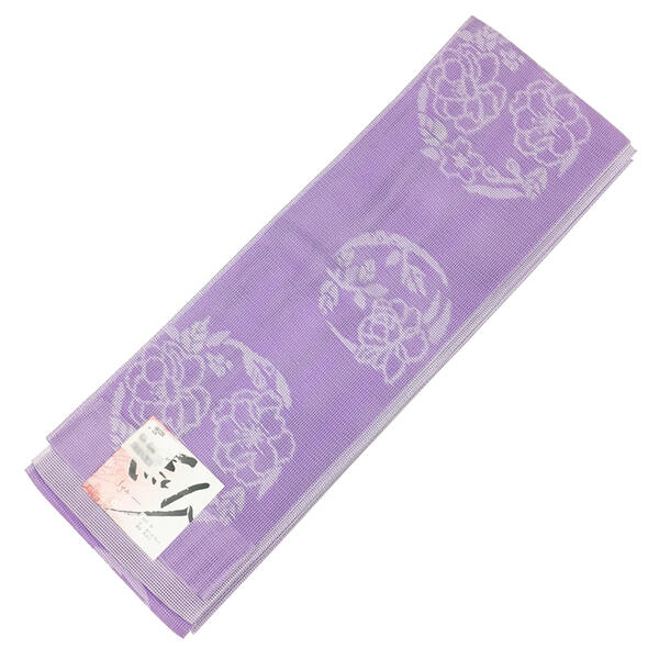細帯 半幅帯 四寸帯 紗 夏用 No.106 薄紫 花の丸柄 ポリエステル 合繊 在庫処分品 【cp】