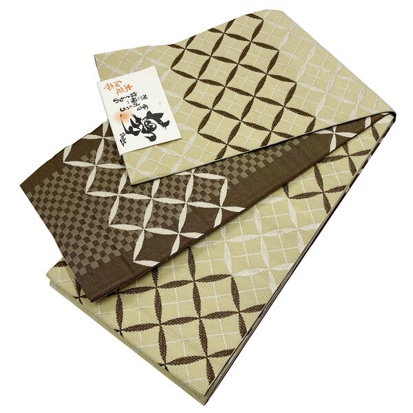 細帯 小袋帯 半幅帯 浴衣帯 No.206 枯草色 焦げ茶 七宝繋ぎ 市松 リバーシブル 在庫処分品 【cp】
