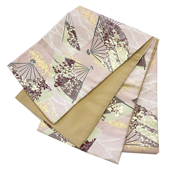 京袋帯 No.ca01 梅鼠色 扇子柄 ポリエステル 仕立て上がり H・L アッシュエル 在庫処分品 【宅配便】