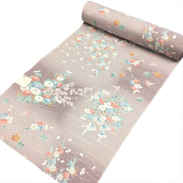 シルック 反物 小紋 着物 No.25 紅藤色 四季草花柄 TORAY ポリエステル 在庫処分品 【宅配便】
