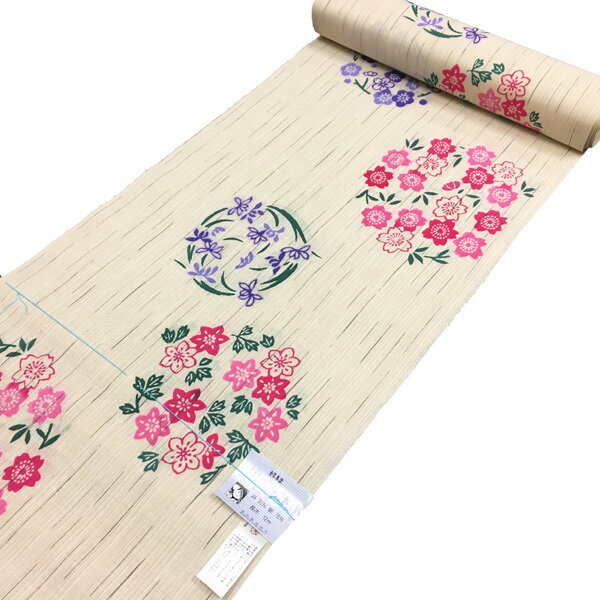 反物 浴衣用 源氏物語 No.04 ベージュ 花の丸柄 注染 在庫処分品 【宅配便】