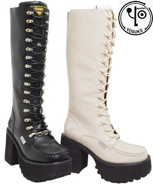 ヨースケ YOSUKE 2601137 厚底 ロングブーツ 編み上げ ファスナー付 厚底 チャンキーヒール 履きやすい痛くない ゴスロリ お洒落 ファッション ごつい系 ゴシック系 ゴシックロリータ コスプレ ゴシックは魔法乙女 アイボリー ブラック