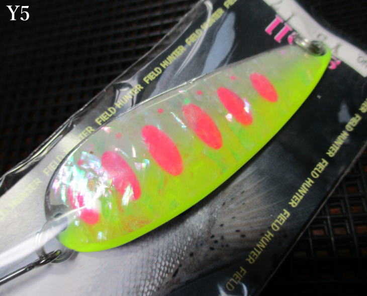 Spoon - ルアーマン701 シェル [Yシリーズ] 24g /65mm　#Y5 S.チャート/蛍光ピンクヤマメ　　＜フィールドハンター FIELD HUNTER＞　□ネイティブ ルアーフィッシング用 スプーン□　LURE MAN 701 Shell Y-series 24g　～小渓流チビヤマメから本流サクラマスまで