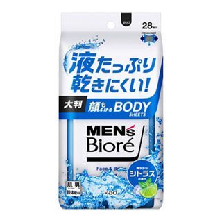 商品情報成分・素材成分：水、エタノール、PEG-8、PEG-60水添ヒマシ油、BG、EDTA-2Na、メントール、ラウレス-6、ラウリン酸PEG-12、トロメタミン、PEG-11メチルエーテルジメチコン、フェノキシエタノール、メチルパラベン、エチルパラベン、香料香り・色・味爽やかなシトラスの香り使用方法使い方シートを取り出し、肌をふいてください。使用上の注意ご注意●メントールの冷感刺激に弱い方、アルコール過敏症の方、特に肌の弱い方、乳幼児は使わない。●傷、はれもの、湿疹等異常のあるところ、目のまわり、粘膜、ひげそり直後、除毛直後には使わない。●肌に異常が生じていないかよく注意して使う。肌に合わない時、使用中に赤み、はれ、かゆみ、刺激、色抜け（白斑等）や黒ずみ等の異常が出た時、直射日光があたって同様の異常が出た時は使用を中止し、皮フ科医へ相談する。使い続けると症状が悪化することがある。●目に入った時は、すぐに充分洗い流す。●シートは水に溶けないので、トイレ等に流さない。●家具、床、電気製品等をふかない。●高温の場所、直射日光のあたる場所には置かない。包装容器の材質プラプラ袋シール商品区分化粧品原産国日本広告文責株式会社龍生堂本店TEL：03-5330-4691販売業者花王株式会社住所：東京都中央区日本橋茅場町1-14-10お問い合わせ 0120-165-695メンズビオレ 顔もふけるボディシート 爽やかなシトラスの香り　28枚 肌にこだわる男の顔体用シート 液たっぷり乾きにくい！大判！顔も体もこれ1枚！顔もふけるボディシート。全身のベタつき・ニオイの元となる汗や皮脂をすっきり落とす。厚手のメッシュシートでしっかりふきとれ、肌にやさしいふき心地。メントール（清涼剤）配合。爽やかなシトラスの香りボディシート28枚 12