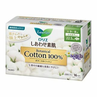 商品情報成分・素材構成材料表面材：コットン　　色調：白、グリーン（青色404号を含む）香り・色・味ほのかなラベンダー＆カモミールの香り使用方法生理時に適宜取り替えてご使用ください。使用上の注意使用上の注意お肌に合わない時は医師に相談してください。使用後のナプキンは個別ラップに包んですててください。トイレに流さないでください。使用後のナプキンは専用箱にすててください。保管上の注意開封後は、ほこりや虫等が入り込まないよう、衛生的に保管してください。包装容器の材質プラPE商品区分医薬部外品原産国日本広告文責株式会社龍生堂本店TEL：03-5330-4691販売業者花王株式会社住所：東京都中央区日本橋茅場町1-14-10お問い合わせ 0120-165-695ロリエ しあわせ素肌 Botanical Cotton100％ 多い昼用22．5cm 羽つき　16個 肌さらっと　極上やわらか 瞬間吸収のロリエ。生理中の繊細な素肌にやさしいつけ心地。●ボタニカルコットン100％の国産表面シート採用。肌がさらっとしながら、極上のやわらかさで肌をやさしく包み込む。コットン素材ならではの肌にやさしいつけ心地。ジャパン・コットン・マーク（ピュア・コットン・マーク）認証。●ロリエ独自、瞬間吸収のブロック吸収体で、ドッと出るたび、経血をぐいっと引き込んで表面に残さない。だから、ずーっと肌さらさらが続く。●100％通気素材採用（ズレ止めテープ部分除く）。通気性バックシートが、微細な孔からショーツ内のこもった空気を放出するから、経血はしっかり吸収するのに、つけている間、ムレを逃し続けて快適。●ほのかに香るラベンダー＆カモミールの香りで気分リラックス（香料は個別ラップについています）。（医薬部外品）生理用ナプキン 12