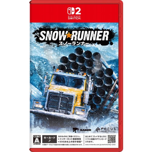 商品概要次世代のオフロード体験！2018年にリリースした『マッドランナー』の続編、『スノーランナー』が、ついに「Nintendo Switch2 」版となって登場！過酷なオープンワールドでパワフルな車両に乗りこみ、いまだかつてない地形シミュレーターを体験せよ。Ford、Chevrolet、Freightlinerなどの有名ブランドの40台の車両をドライブして野性味あふれるサンドボックスマップに自分の道筋を残せ。広大なマップを開拓しながらミッションをクリアしよう本作の舞台はアメリカのミシガン州やアラスカ州をベースとした雪原となっており、前作『マッドランナー』に比べて約4倍の 30平方キロメートルといった広大なマップ。雪原や分厚い氷に覆われた湖、時には猛吹雪の中を走り、 オフロードトラックで資材を届けるミッションなどのクリアを目指そう。オンラインマルチプレイで盛り上がれ！オンラインモードは最大4人での協力プレイが可能。一人では困難だった道も、仲間と協力して効率よくミッションを進めよう。カスタム機能が熱い！本作に登場する車両はカスタマイズが可能。カラーやロゴといった外装やサスペンション、ギアボックスなどの 細かいカスタマイズに加え、タイヤチェーンの装着などをすることで、 雪道や凍結路も走行可能となる。環境に合わせたカスタマイズをしてミッションをクリアしよう！※本作のパッケージ版は「キーカード」です。はじめてゲームをプレイする際に、インターネットを通じてソフト本編のデータをダウンロードすることで遊ぶことができます。2回目以降はインターネット接続環境がなくてもゲームを開始できますが、通常のパッケージ版と同様、キーカードを本体に差し込んでおく必要があります。※インターネット接続環境・50GB以上の空き容量(更新データなどで追加の空き容量が必要になる場合があります)をご用意ください。商品番号-メーカーPLAIONCERO区分全年齢対象コピーライトSnowRunner is a registered trademark of Saber Interactive Inc. (C) 2021 SnowRunner. Developed by Saber Interactive and published by Focus Entertainment. Havok software is (C) 2021 Microsoft. All trademarks belong to their respective owners and are used by Focus Entertainment under license. Distributed by PLAION GmbH， Embracer Platz 1，6604 Hofen， Austria _TVゲーム _ゲームソフト_シミュレーション _Switch 2 _PLAION 登録日：2026/06/17 発売日：2026/07/16