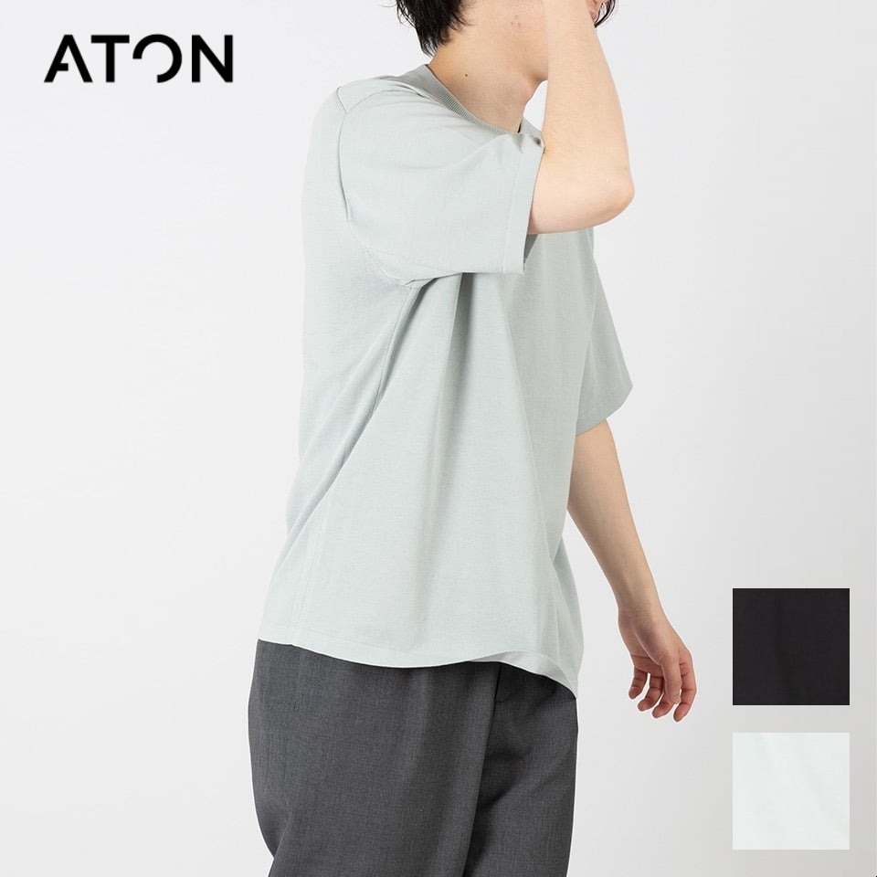 ATON エイトン FRESCA KNIT CREW NECK SWEATER フレスカ ニット クルー ネック セーター メンズ Tシャツ カットソー サマーニット シンプル 無地 春 夏 ブラック サックス