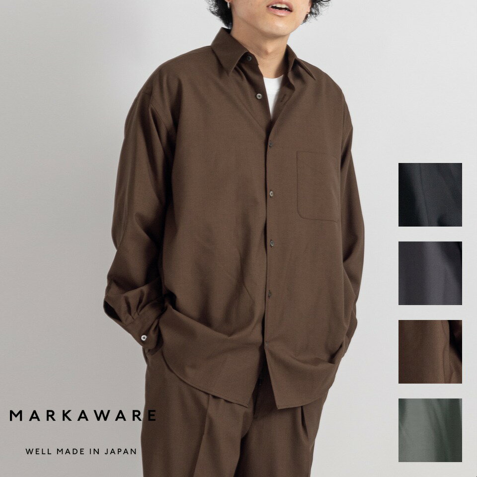 楽天ESSENCE【お買い物マラソン限定 ポイント5倍&スペシャルクーポン配布中！】MARKAWARE マーカウェア COMFORT FIT SHIRT - ORGANIC WOOL 2/80 TROPICAL コンフォート フィット シャツ - オーガニック ウール 2/80 トロピカル ブラック チャコール ブラウン オリーブ