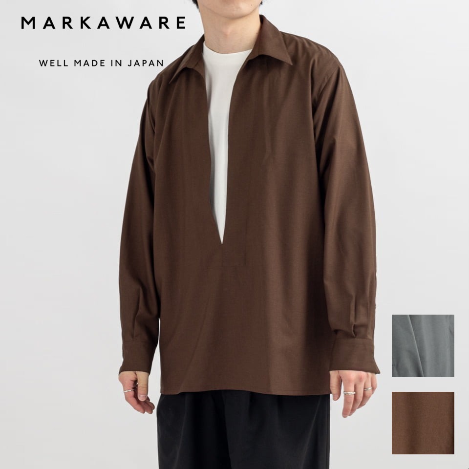 MARKAWARE マーカウェア VAREUSE SHIRT - ORGANIC WOOL 2/80 TROPICAL オーガニック ウール 2/80 トロピカル ヴァルーズ シャツ ブラウン オリーブ