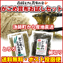 「がごめ昆布」使用。 「送料無料」 「期間限定」　がごめ昆布お試しパック　 【重要】こちらの商品は「ポスト投函便」でお届けします。 ポスト投函となりますので下記のサービスはご利用できません。 ・日時指定×　　・代引決済×　　・他の商品と同梱不可× ●通常便の商品と一緒にはご注文できません。 ※利用不可サービスをご選択された場合は注文保留となります。 ---------- 【商品説明】 「送料無料」 「期間限定」　がごめ昆布お試しパック　 強い粘りが特徴の「がごめ昆布」を使用。細切り状、とろろ昆布状ですので手軽に料理にお使いいただけます。 漬物（松前漬に欠かせません）酢の物、お汁物の具として、料理に加える。 ギフト対応OK（詳細はこちら）商品情報 お召し上がり方 【細切がごめ昆布】：(1)8〜10分ほど水に戻し、お好みでめんつゆやポン酢、ネギ等を加え納豆のように混ぜ、御飯のうえに。(2)うどん、そばに少量のせて軽く混ぜてお召し上がりください。(3)そのほか漬物、キムチなどに少量和えてもおいしくいただけます。 【がごめ入りとろろ昆布】(1)汁もの全般に（味噌汁、そば、うどん等々）ひとつまみ入れるだけ。(2)おかか等と一緒に混ぜ、又、海苔の代わりにご飯を包んで。 販売者 函館えさん昆布の会　(株)さいとう北海道内屈指の昆布産地「えさん」の昆布漁師と販売会社 (株)さいとうとで設立した事業です。 献上昆布で知られる高級出し昆布「真昆布」、驚きのネバネバ昆布「がごめ昆布」をはじめ、ふのり、銀杏草など漁師町ならではの田舎の希少食材をご提供しております。 内容量 細切りがごめ昆布30g+がごめ入りとろろ昆布30g 賞味期限(発送日から) 280日〜300日 原材料名 ●細切りがごめ昆布：がごめ昆布(北海道函館産)●がごめ入りとろろ昆布：真昆布（国産）、がごめ昆布（国産）、ねこあし昆布（国産）、醸造酢 配送方法 保存方法 直射日光、高温多湿を避けて常温にて保存ください。 開封後の注意点 乾物ですので開封後は特に湿気が入らぬようご注意ください。 お召し上がりの前に 本品は水戻し後 たいへん強いネバリがでます。「がごめ昆布」特有のものですが、一度に多量を飲み込みますと喉に詰まる恐れがございますのでご注意くださいませ。 がごめ昆布料理の数々 がごめ昆布入りうどん、がごめ昆布入り蕎麦、がごめ昆布入りそうめん、がごめ昆布入り冷やし中華、がごめ昆布入りらーめん、がごめ昆布入りキムチ、がごめ昆布入り味噌漬け、がごめ昆布入り浅漬け、がごめ昆布入り漬物（松前漬け、海鮮漬け）、がごめ昆布入り味噌汁、がごめ昆布入り酢漬け、がごめ昆布ぶっかけご飯、がごめ昆布と山芋かけご飯、がごめ昆布水、がごめ昆布入り納豆、がごめ昆布入りドレッシング、がごめ昆布茶、がごめ昆布のお吸い物、がごめ昆布クッキー、がごめ昆布ケーキ、がごめ昆布醤油、がごめ昆布つゆ、がごめ昆布酢、がごめ昆布入り焼酎、がごめ昆布入り卵焼き、がごめ昆布入り海草サラダ・・