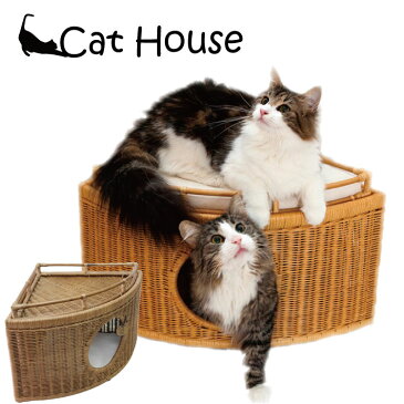 ラタン チーズハウス 猫ハウス(ねこハウス キャットハウス ねこベッド 仔犬 ネコ クッション 室内用 キャラメル ブラウン)(同梱不可)(送料無料)