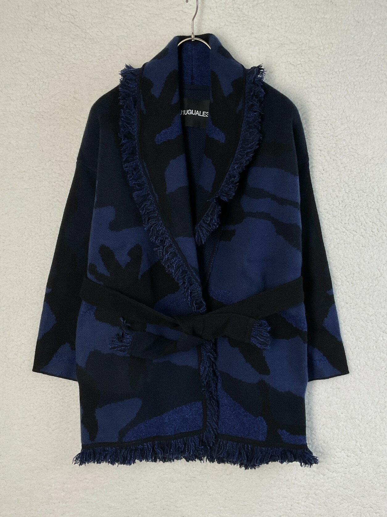 未使用 1piu1uguale3 ウノピゥ 5 ネイビー FRINGE ROPE GOWN カモ柄 カシミヤ混 フリンジ ロープ