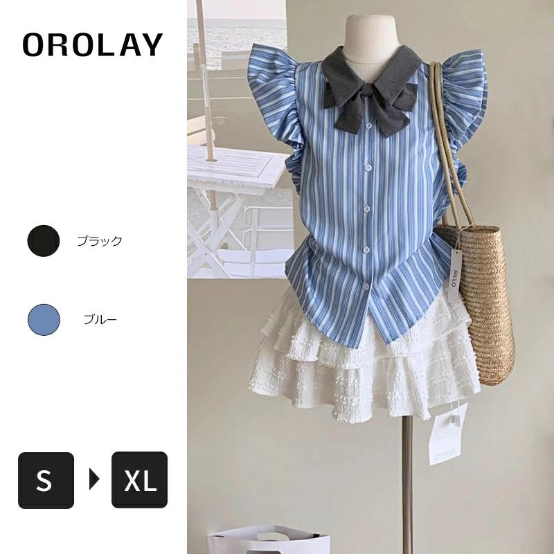 レディース シャツ フレンチテイスト フライングスリーブ リボンネクタイ ストライプ 半袖 カジュアル 日常使い