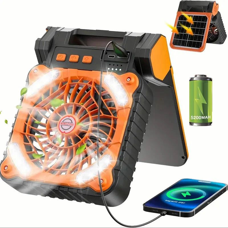 太陽エネルギーをソーラーパネル 5200mAh 携帯扇風機 ライト付 キャンプ扇風機