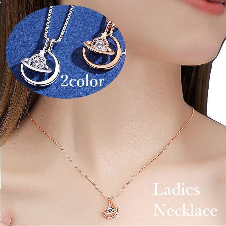 ネックレス ペンダント レディース アクセサリー ラインストーン 土星 サターン 月 ムーン 天体 星 ス..