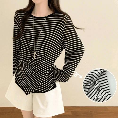 トリバーUネック単ギャザーアンバランスラップボタンルーズフィット長袖ニット ニット レディース｜韓..