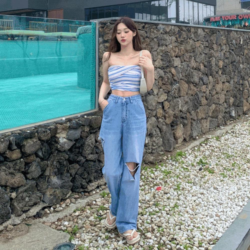 ハイウエストダメージ破れブルーストレートワイドデニムパンツ デニムパンツ レディース｜韓国 wannabemuse｜コーディブック