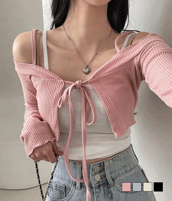 リブY2Kゴルジフリルリボンクロップボレロストラップカーディガン カーディガン / ベスト セーター レディース｜韓国 gifteabox｜コーディブック(4)