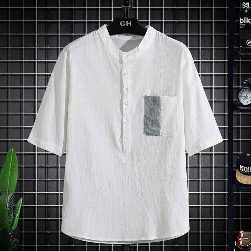 乐天商城 - リネン 半袖 Tシャツ メンズ 冷感 五分丈 袖 夏 薄手 ファッション 五分袖 ミッド スリーブ コットン 麻 カジュアル トップス