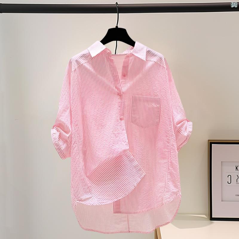 レディース ママ お母さん ピンク ストライプシャツ レディース 夏 ホット ハイエンド 韓国 半袖 シャツ