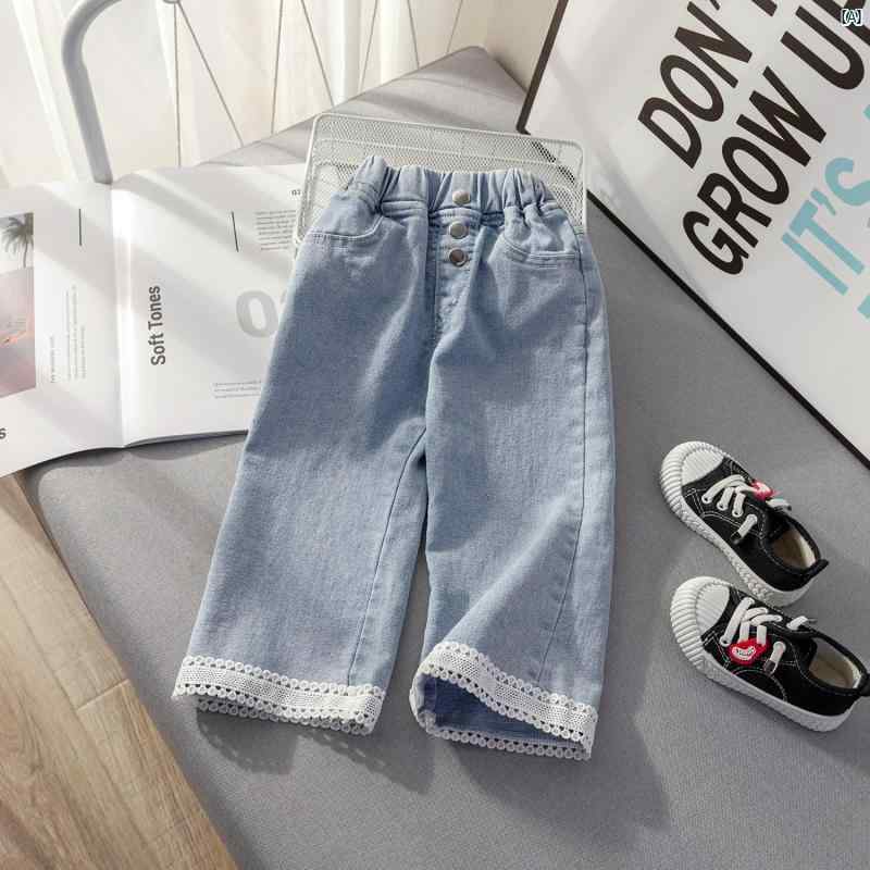 キッズ キッズ用品 子供用品 キッズファッション 女 レース ジーンズ 春秋 少女 韓国 ワイド レッグ パ..