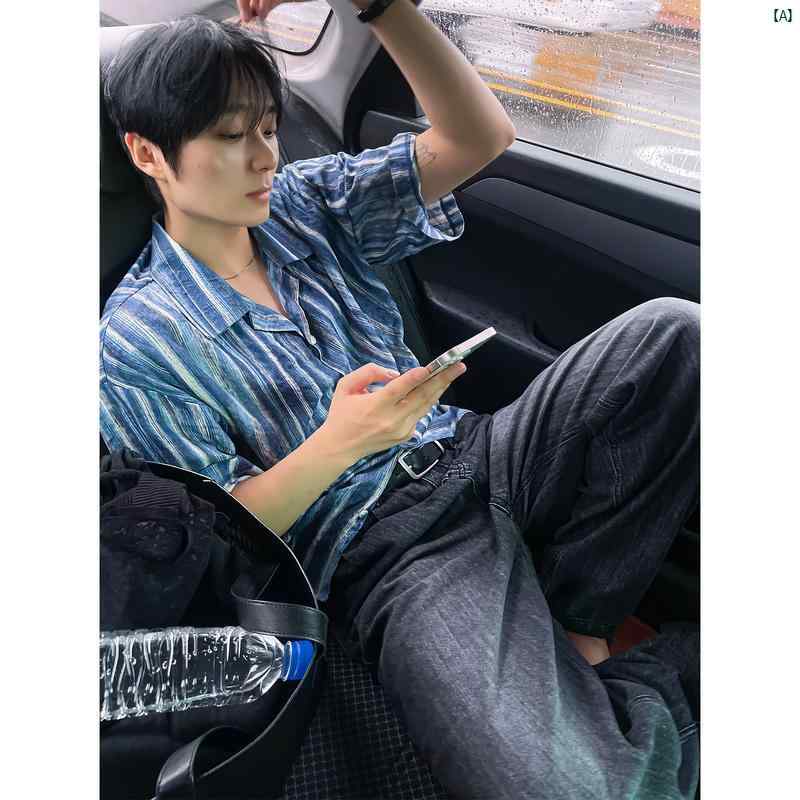 メンズ ファッション 韓国ファッション オシャレ コーデ ブルー い ストライプ 半袖 シャツ メンズ 夏 薄手 韓国 ハイエンド 感 涼しい カジュアル 日焼け防止
