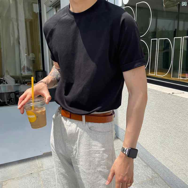 メンズ　ファッション　韓国ファッション　オシャレ　コーデ 夏用 ブラック ラウンドネック ベーシック 半袖 Tシャツ メンズ 韓国 イン 無地 スリムトップス 快適 カジュアル
