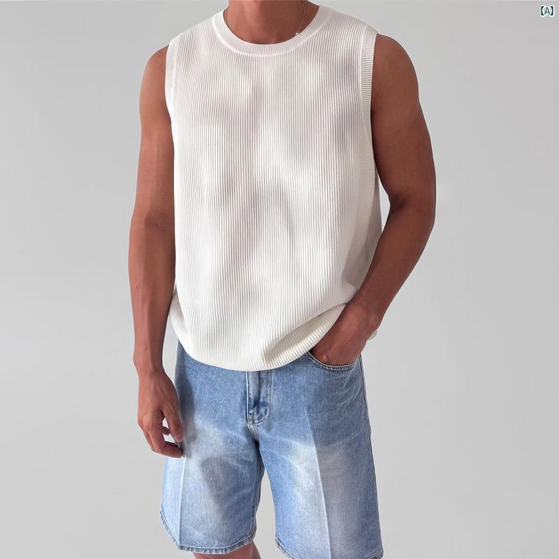 メンズ ファッション 韓国ファッション オシャレ コーデ 夏用 アメリカン スポーツ タイト ニット ベスト 筋肉 見せる タフ 伸縮性 ノースリーブ Tシャツ 通気性 ボトムトップ