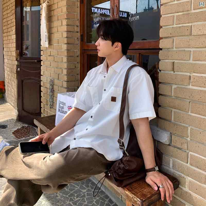 メンズ ファッション 韓国ファッション オシャレ コーデ ホワイト 半袖 シャツ メンズ 夏 韓国 ダブル ポケット カジュアル ノンアイロン ドレープ 作業着 トップス