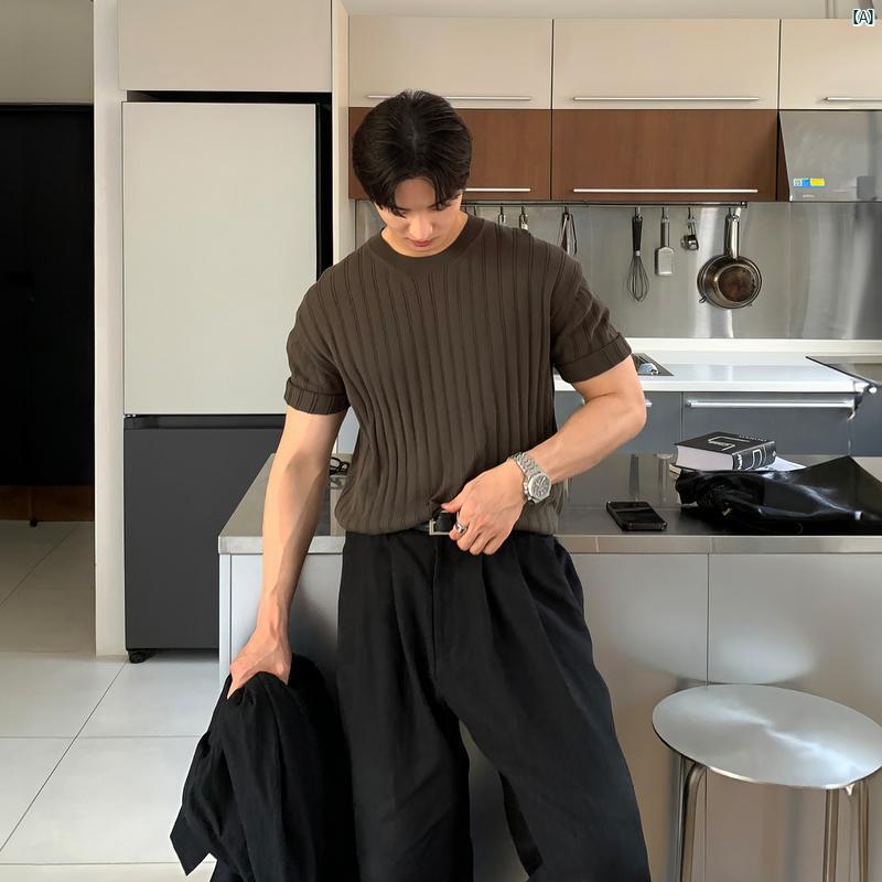 メンズ　ファッション　韓国ファッション　オシャレ　コーデ アメリカン ラウンドネック ニット 半袖 Tシャツ メンズ 夏 カジュアル 快適 マッスル 強調 ファッション