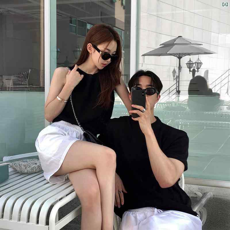 メンズ ファッション 韓国ファッション オシャレ コーデ ブラック ヘビーウェイト ニット 半袖 Tシャツ メンズ 夏 ハイエンド ベスト レディース カップル ウェア イン 韓国 トップ