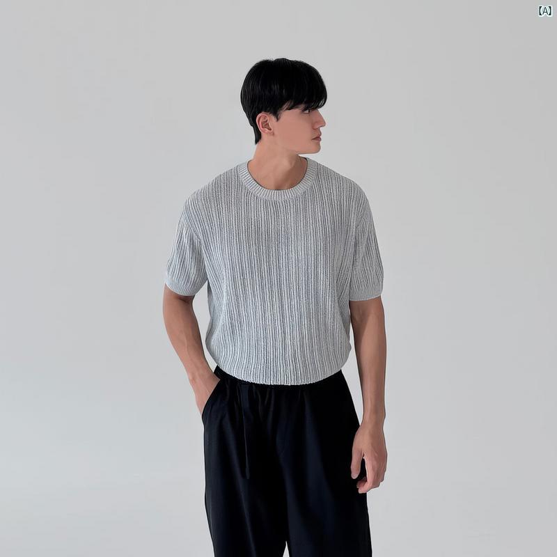 メンズ　ファッション　韓国ファッション　オシャレ　コーデ グレー ニット セーター ラウンドネック 半袖 Tシャツ メンズ 夏 韓国