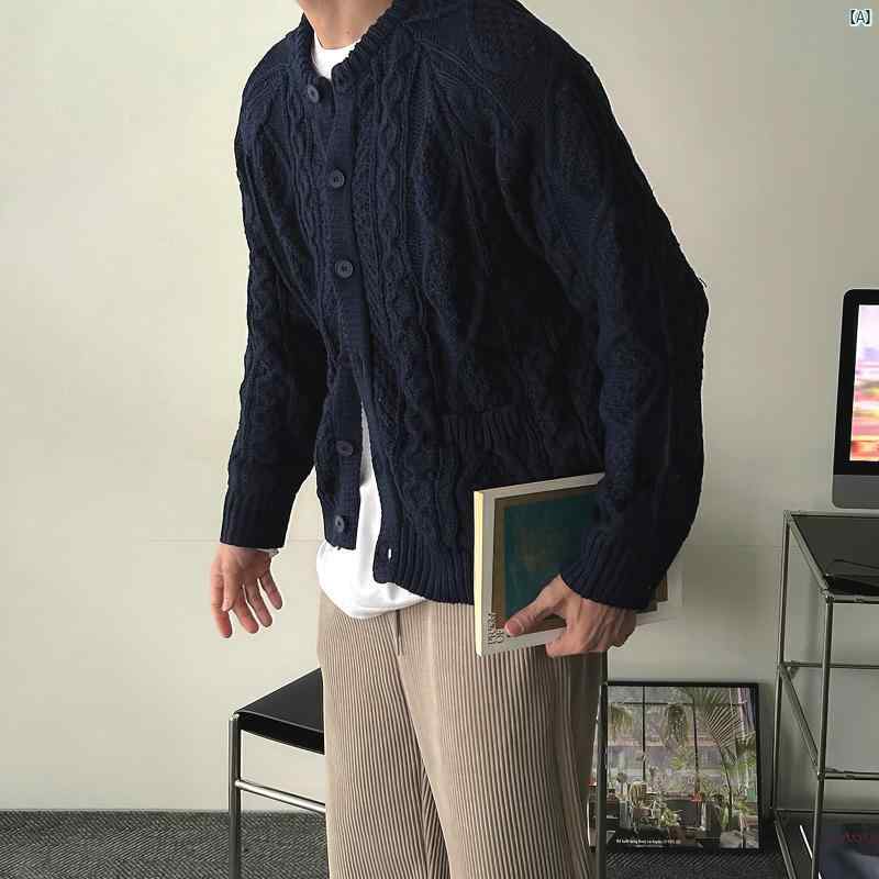 メンズ　ファッション　韓国ファッション　オシャレ　コーデ メンズ 春 ラグランスリーブ カーディガンジャケット 立体 ケーブル 柄 カジュアル トップス 感じさせくい セーター