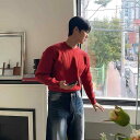 メンズ ファッション 韓国ファッション オシャレ コーデ 誕生 男性用 ラウンドネック レッド セーター 高級感 お祭り 気分 盛り上げる ラグランスリーブ 厚手