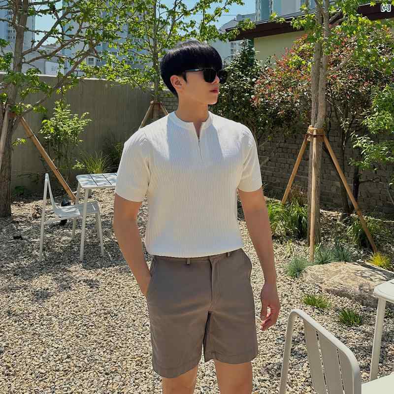 乐天商城 - メンズ　ファッション　韓国ファッション　オシャレ　コーデ ハーフ ジップ 半袖 ニット Tシャツ 夏 男性性的 緊張 ウェア アメリカン カジュアル スリム 通気性