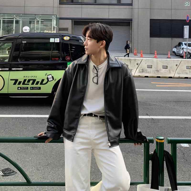 メンズ　ファッション　韓国ファッション　オシャレ　コーデ ブラック ジャケット メンズ レトロ モーター サイクル ショート レザージャケット アメリカン ストリート ファッション 長袖 フライト スーツ