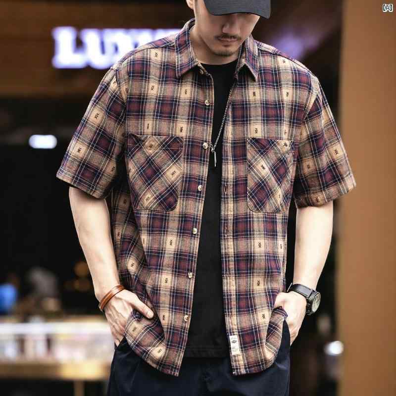 メンズ ファッション コーデ アメリカン クラシック レトロ チェック シャツ メンズ 半袖 2025 英国 カジュアル ファッション 夏 ジャケット