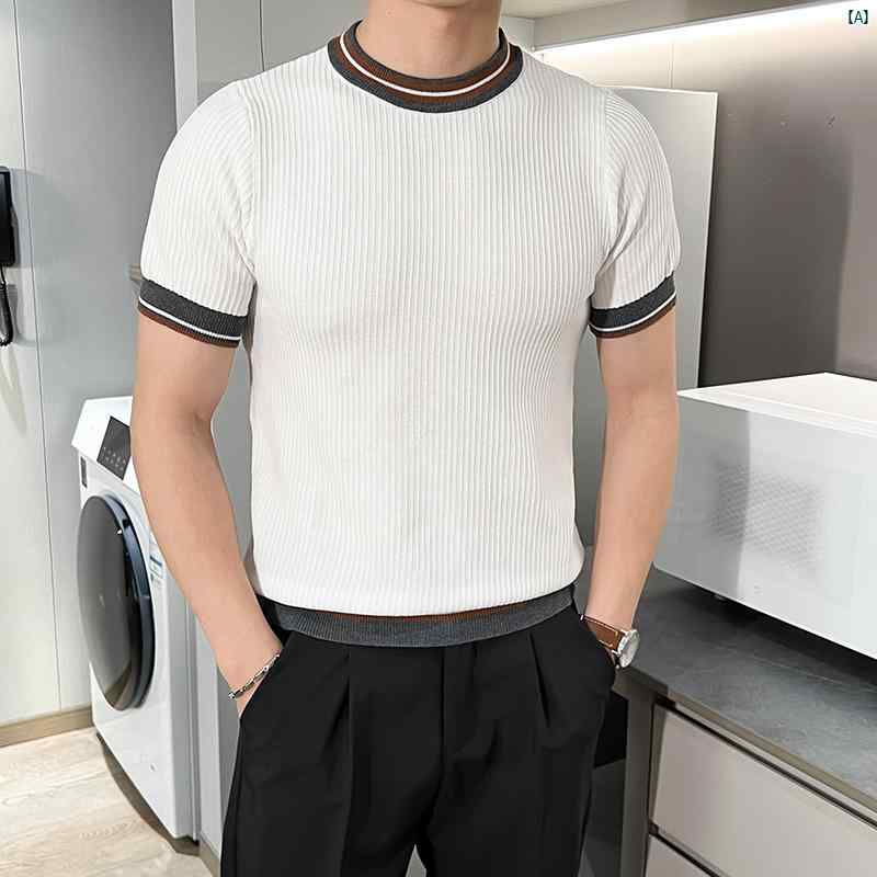 メンズ　ファッション　コーデ 夏用 薄手 冷感 ニット 半袖 Tシャツ ラウンドネック コントラスト 美しい 韓国 スリムフィット テクスチャ ボディシャツ