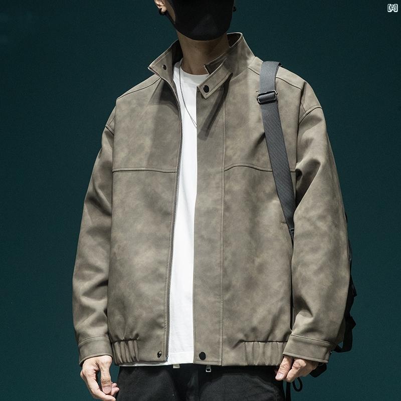 メンズ ファッション コーデ レトロ アメリカン PU レザージャケット メンズ 春秋 新型 ワークウェア スタンドカラー バイク フライト ジャケット