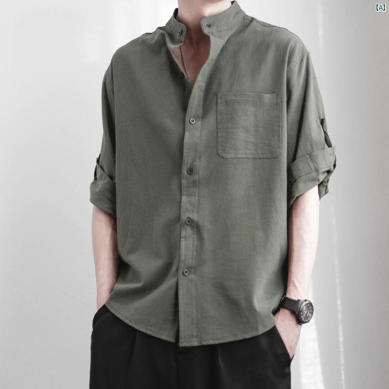 メンズ ファッション コーデ コットン リネンシャツ メンズ 半袖 シャツ たり チャイナ 風 夏用 薄手 メンズカジュアル ジャケット トップス