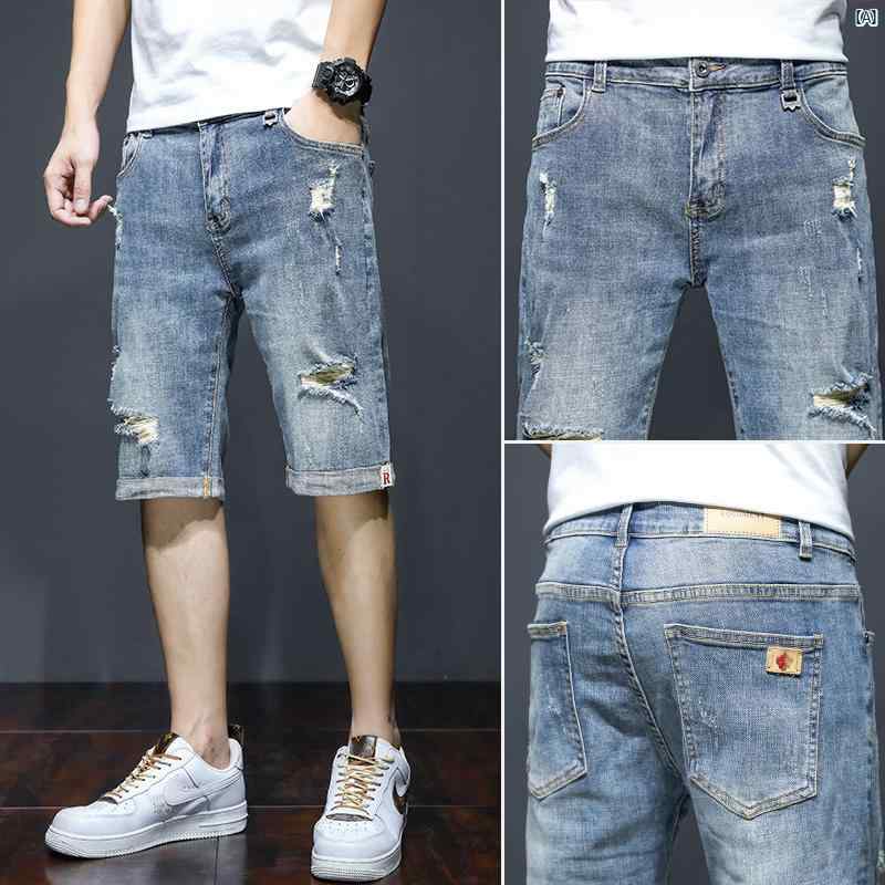 メンズ　ファッション　コーデ アメカジ レトロ リップド デニム ショート パンツ メンズ 五分丈 夏 薄手 ミッド