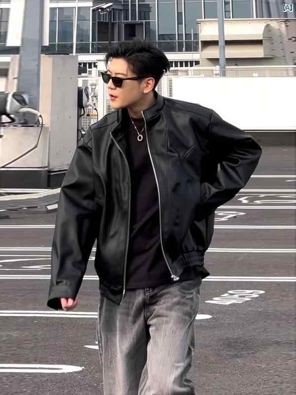 メンズ ファッション コーデ ブラック クール モーターサイクルレザージャケット メンズ スプリング ショート ハイエンド ジャケット クリーン フィット アメリカン フライト