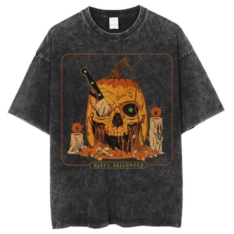 Tシャツ 男女兼用 ハロウィン カボチャ スカル Y2Kプリント アメリカンレトロ ビッグシルエット ストリ..
