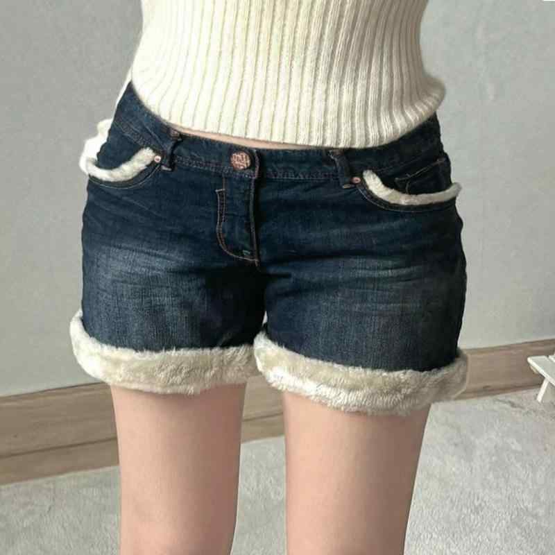 デニム ショートパンツ レディース ローライズ スリムフィット ファー切り替え レトロモダン Y2K ギャル セクシー ストリート コットン ブルー デイリーユース