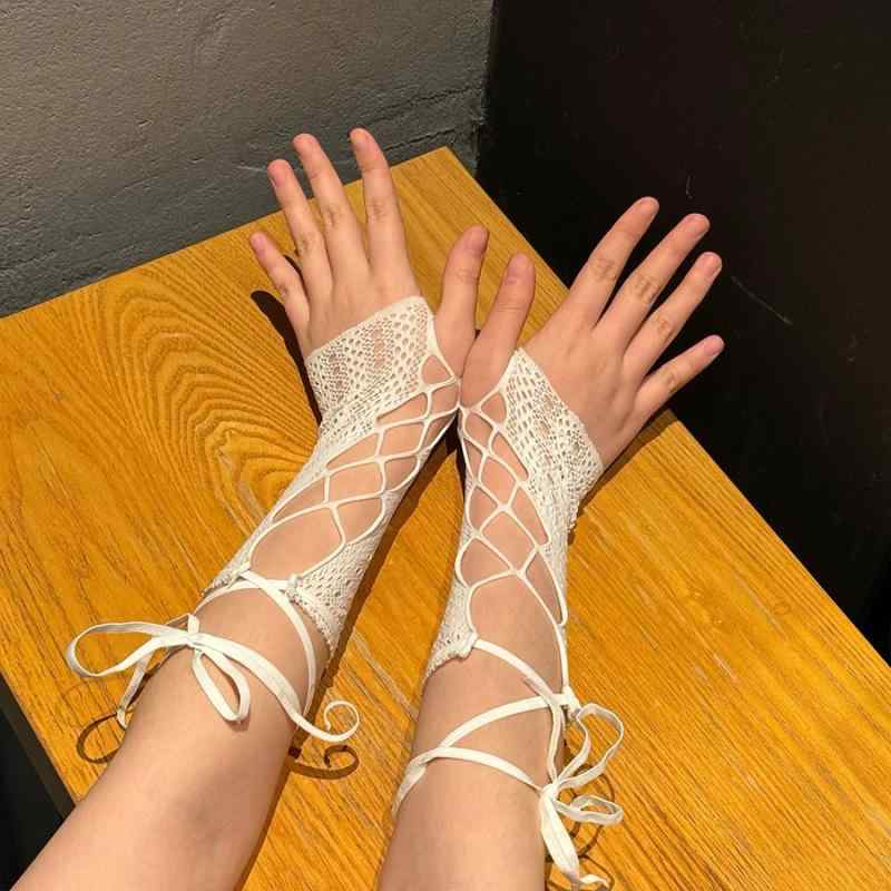 手袋 レディース 指なし ショート丈 アームカバー Y2Kスタイル UVカット メッシュ シースルー セクシー 紐付き 通気性 ビスコース アウトドア サイクリング フェミニン スウィート ホワイト ブラック